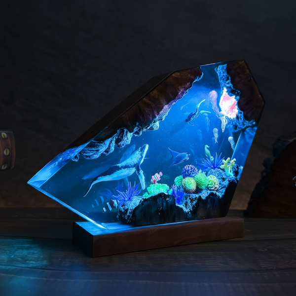 Whale and Divers Underwater Ocean Resin Night Light Lamp Decor