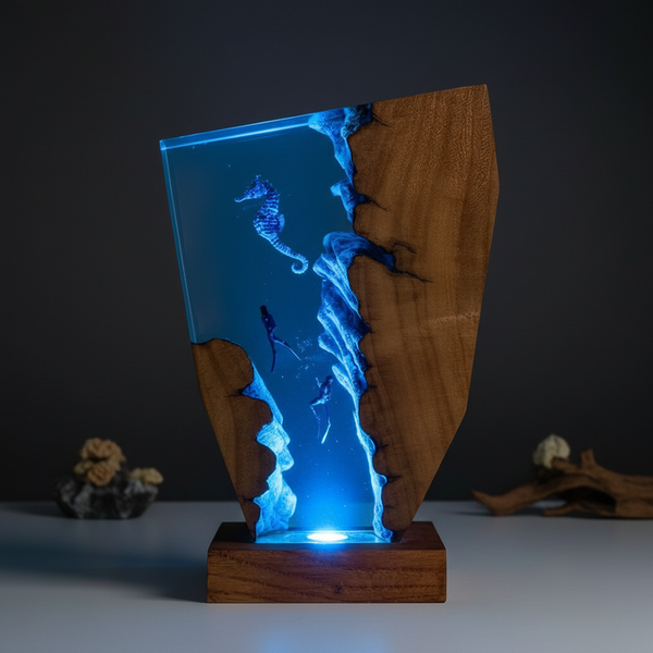 Resin Ocean Lamp Seahorse and Divers Handmade Epoxy Art Decor