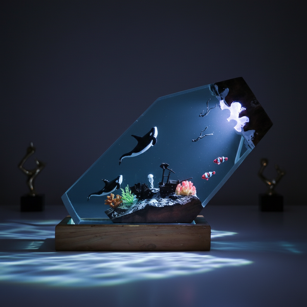 Orca and Diver Underwater Diorama Epoxy Resin Ocean Lamp
