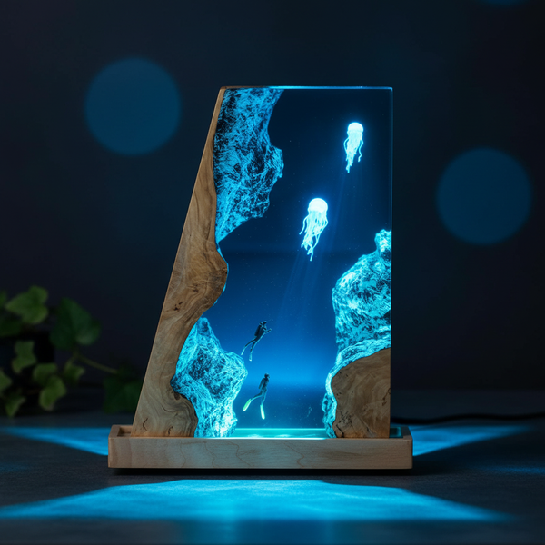 Divers and Jellyfish Deep Sea Handcrafted Epoxy Resin Wood Lamp