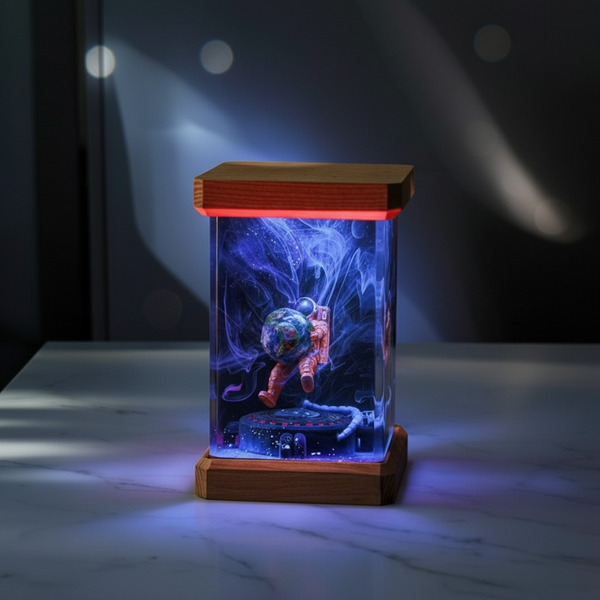Astronaut with Earth Diorama Night Light Epoxy Wood Resin Lamp