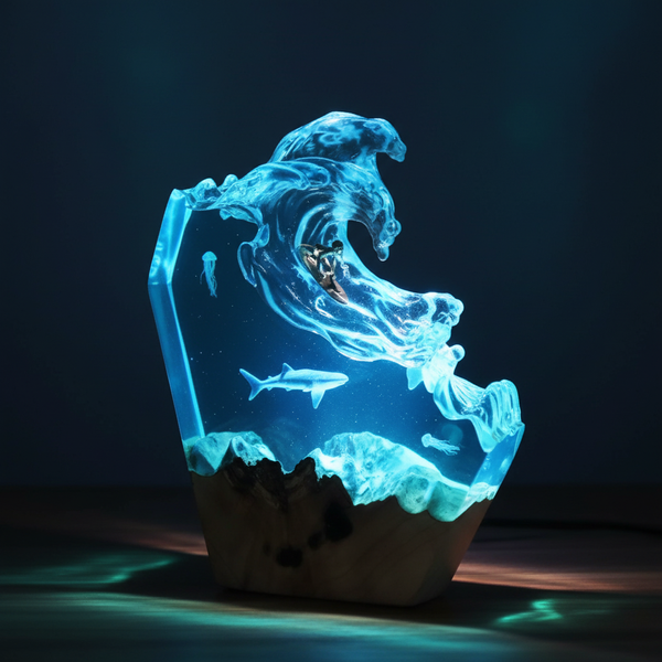 Surfer Shark Ocean Wave Resin Lamp Beach Inspired Decor Night Light