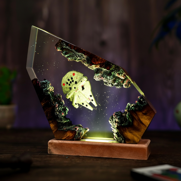 Space Ship Wood and Epoxy Resin Night Light Lamp Decor