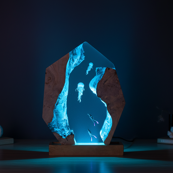 Jellyfish and Divers Sea Inspired Decorative Table Resin Lamp