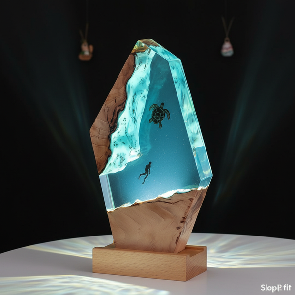Scuba Diver and Turtle Handmade Artistic Lamp Decor Resin Night Light