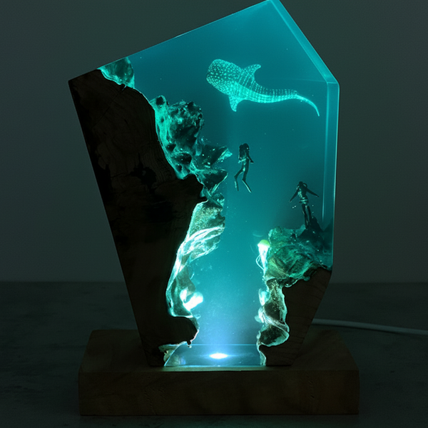 Whale Shark Scuba Divers Ocean Artisan Resin Lamp Epoxy Wood Desk Light