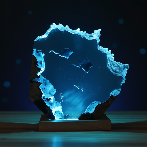 Manta Ray Scuba Diver Ocean Vibe Epoxy Lamp Resin Night Light