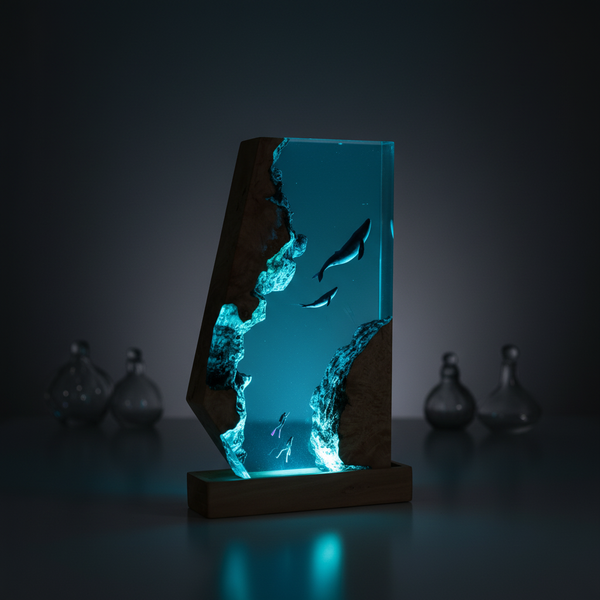 Whale and Diver Ocean Handmade Epoxy Resin Lamp Natural Wood Lighting