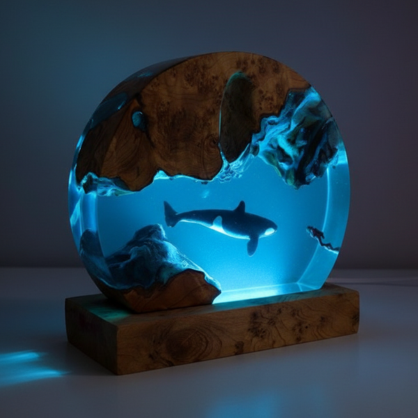 Orca and Diver in Ocean Epoxy Resin Wood Lamp Coastal Theme Bedroom Decor