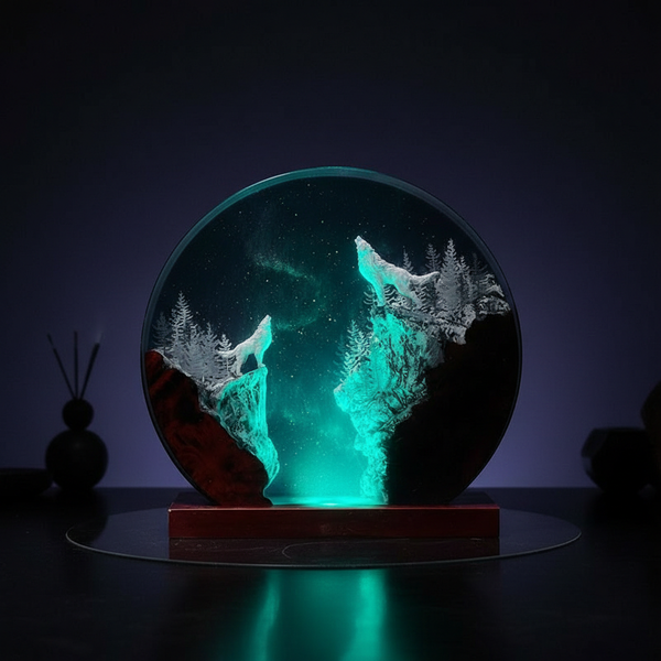 Mother Wolf and Baby Hunter Moon Resin Night Light Lamp Decor