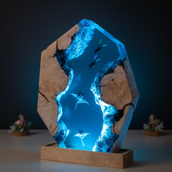 Marine Life Manta Ray Divers Ocean Resin Night Light Lamp Decor