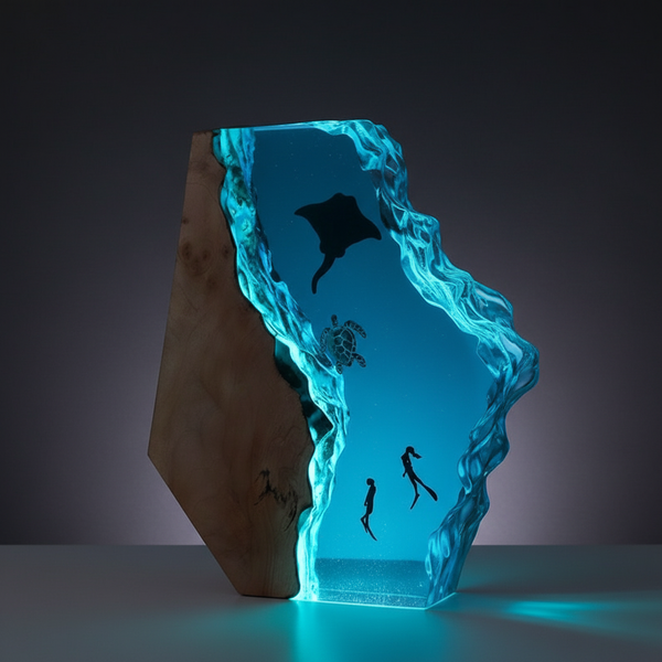 Manta Ray Turle and Diver Ocean Vibe Epoxy Resin Lamp Night Light