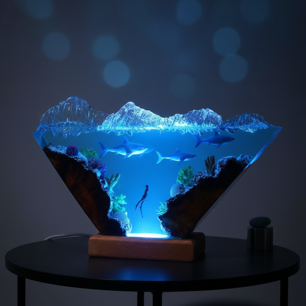 Great White Shark and Diver Resin Wooden Lamp Ocean Night Light