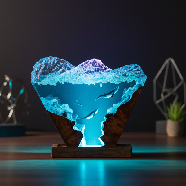 Whale and Scuba Divers Night Light Ocean Theme Epoxy Resin Lamp