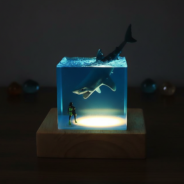 Scuba Diver Shark Cube Resin Lamp Night Light Unique Beach Themed Gift