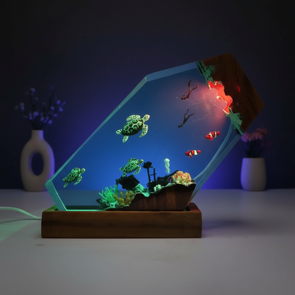 Scuba Divers Turtles Marine Life Ocean Resin Night Light Lamp Decor