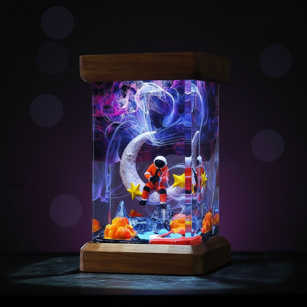 Astronaut with Moon Diorama Night Light Epoxy Wood Resin Lamp