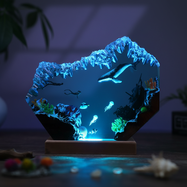 Whale Diver Couple Resin Wooden Lamp Ocean Night Light Room Decor