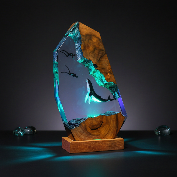 Humpback Whale and Divers Night Light Ocean Vibes Underwater Resin Lamp
