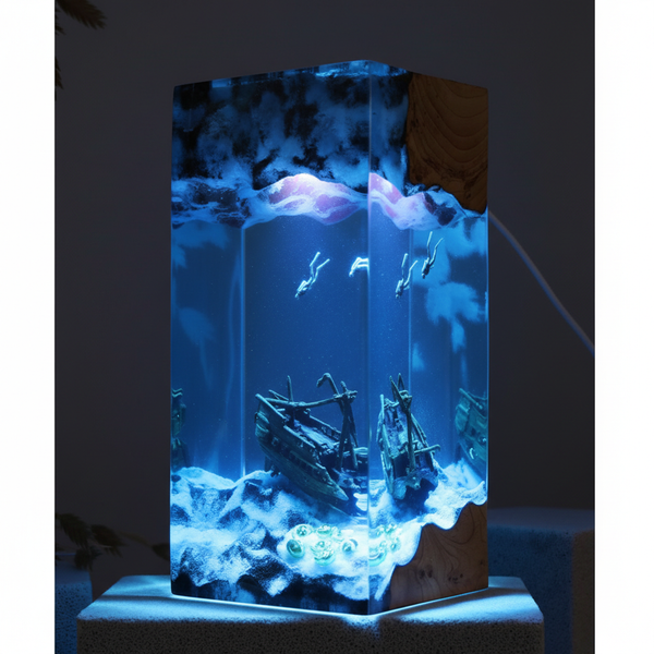 Sunken Ship and Divers Ocean Handcrafted Resin Lamp Home Art Decor