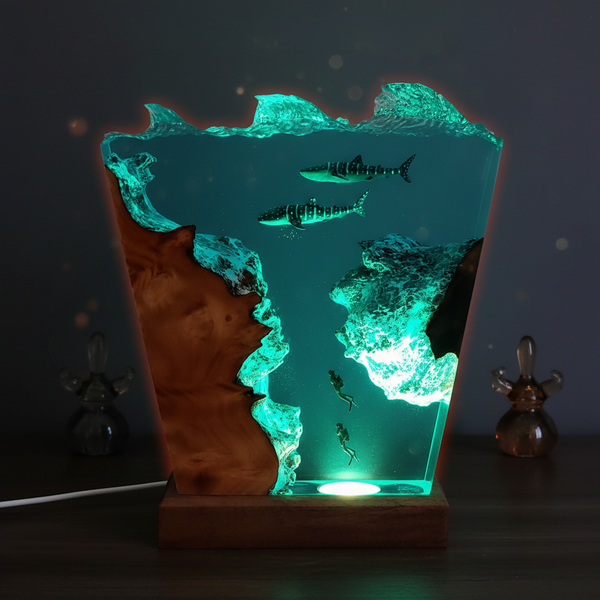Whale Shark and Divers Blue Ocean Resin Wood Handmade Lamp