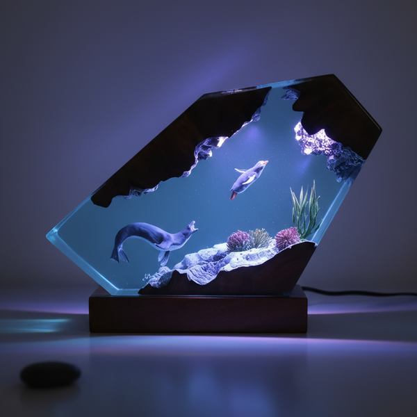 Underwater Seal Hunting Marine Life Diorama Epoxy Resin Ocean Lamp