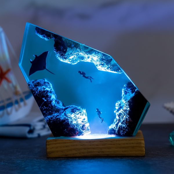 Manta Ray and Divers Ocean Resin Night Light Lamp Decor